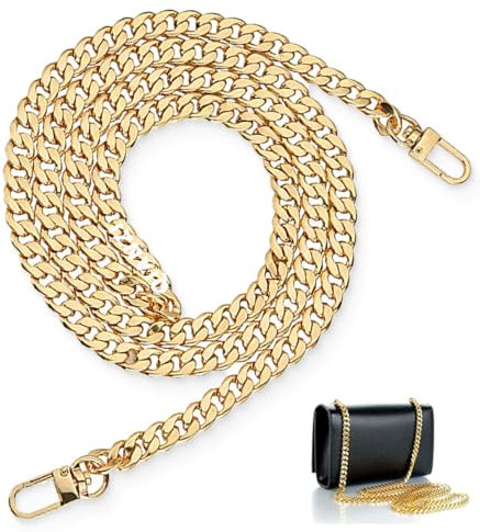 Correa de cadena plana de hierro de 120 cm, para bolso cruzado, bolso de mano, cadena de repuesto con hebillas (dorado)