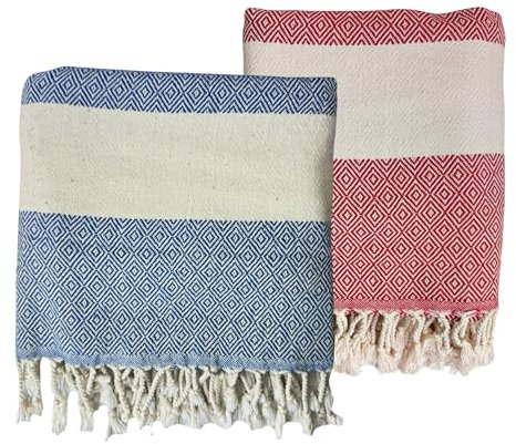 MEBY Juego de 2 toallas de sauna XXL, 90 x 180 cm, 100 % algodón, toalla turca, toalla turca, toalla de hammam, toalla de yoga, manta de picnic, toalla de viaje, toalla de baño (rojo y azul)