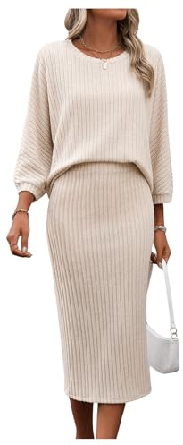 GORGLITTER Women's Ribbed Knit 2 Piece Outfit Crewneck 3/4 Sleeve Top and Midi Skirt Airport Outfit Lounge Wear Set Khaki S