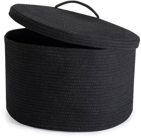 Rieeyrslza Wäschekorb für Decken mit Deckel 32L Gewebter Baumwoll Seil Korb Faltbarer Aufbewahrungskorb mit Hohler Griff, für Kinderzimmer Wohnzimmer, Platzieren Decken Kissen, 40 x 25cm(Schwarz)