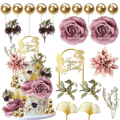 Xsstarmi 22 Pack Flower Cake Topper Balloons Gold Acrylic Happy Birthday Cake Pick Artificial Flowers Lavender Cake Decorations for Baby Shower Wedding Birthday Anniversary Party Cake Decoration