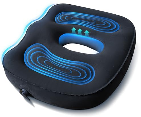 KEEPAA Cuscino ortopedico gonfiabile per ufficio - Supporto coccix anti emorroidi - Ergonomico per lunghe sedute su sedie (Nero)