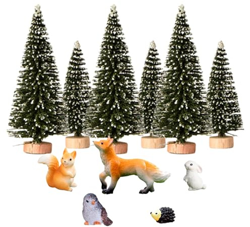 Lguaquanx 11 Piezas Adornos Miniatura Navidad, Mini Adornos Navideños de Mesa, 6 Mini Árbol de Navidad Artificial, 5 Adorno Animal Figuras Navideñas para Decorar Casa/Jardín/Mesa/Escaparates