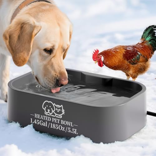 5,5 L Extra-Large Ciotola Riscaldata per Cani e Gatti,Da Esterno,Con Cavo Anti-Morso,Impermeabile e Anti-Trabocco,Fornisce Acqua Potabile in Inverno,Adatta a Polli,Uccelli,Scoiattoli e Conigli,Grigio