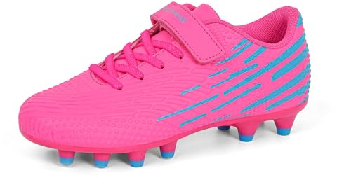FEETHING Kids Football Boots with Hook Loop Strap - Anti-Slip Comfortable Soccer Shoes Boys Girls - Easy Adjust No Lace Junior Football Boots(Fuchsia,1UK Big Kids)
