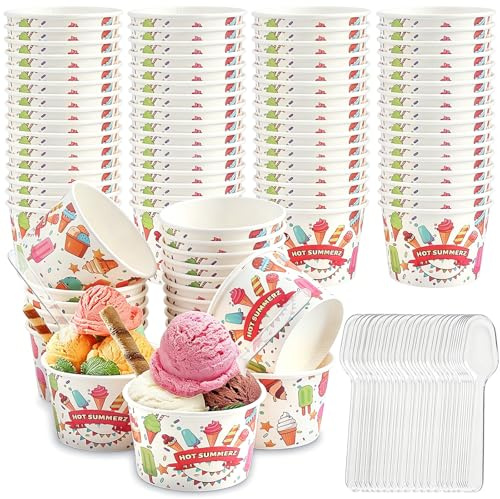 CIYIN Coppette Gelato, shallyong 50 Pezzi Coppe Gelato Carta con 50 Cucchiaio Gelato, Bicchieri Gelato Carta, per Torte, Dessert, Frutta, Zuppa, Snack (A)