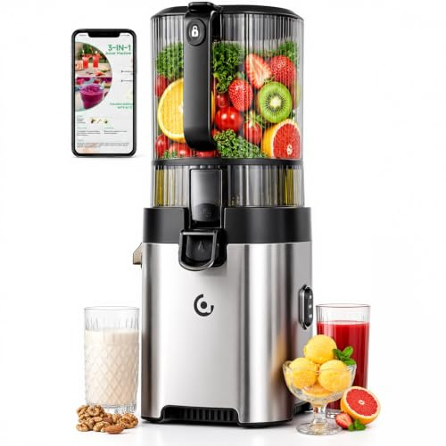 AMZCHEF Cold-Press-Juicer-Machines, 165MM Large Feed Chute, 600W DC Motor, Slow Masticating Juicer with Pre-Cut Blade, 2 Strainers for Juice, Nut Milk & Sorbet, High Juice Yield, Easy to Clean