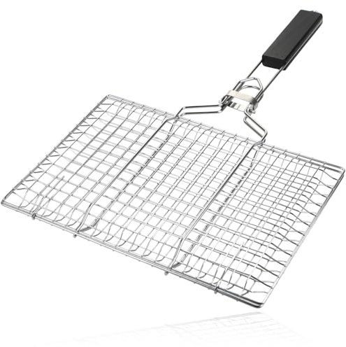 SPARES2GO BBQ grillkorg med fällbart trähandtag rostfritt stål låsbart lock för fisk grönsaker och kött utomhus matlagning förvaringsväska ärm