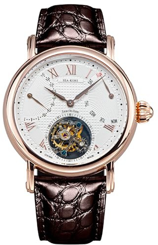 Seakors SE8004GW Tourbillon Master Bluesteel Seagull ST8004 Retrograde Date & Day Indicator Mechanical Mens Luxury Wrist Watch