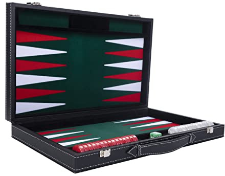 Engelhart - 250511 - Large Luxury Backgammon 18 Inches - Red - 45 cm - Faux Leather - Felt Inlay - Pearl Dice & Chips + 2 Cups - Strategy Game - Pro & Leisure