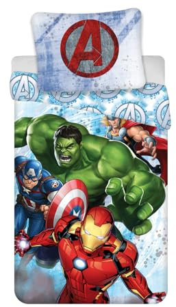 Jerry Fabrics Marvel Avengers Single Duvet and Pillow Set Girls Bedding sets Featuring Hulk and Iron Man Captain America Thor 100 Percent Cotton, Blue, 140 x 200 CM - Euro Pillow Case 90 x 90 CM