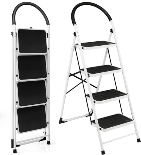 TANGZON Folding 2/3/4 Step Ladder, Steel Step Stool with Widen Anti-Slip Pedals, Reinforced Crossbar, Safety Handrail & Lock, 150kg Capacity Portable Tread Stepladder for Household Garage Shop(4 Step)