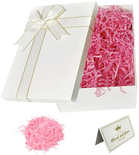 White Gift Box for Presents, 22x16x8.5cm Gift Box with Lids Silk Ribbon & Greeting Card, Specially Designed for Valentines Day Presents Birthdays, Holidays, Anniversaries Gift (White, no bag)