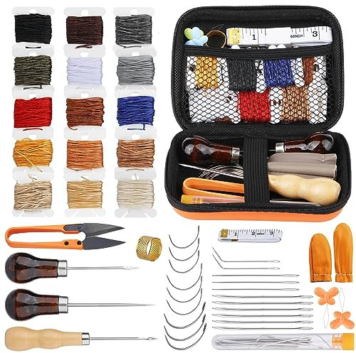 Bamru Lederverarbeitungswerkzeuge und Zubehör, Leder-Nähset, 47 teilig, komplettes Anfänger Leder Nähwerkzeug
