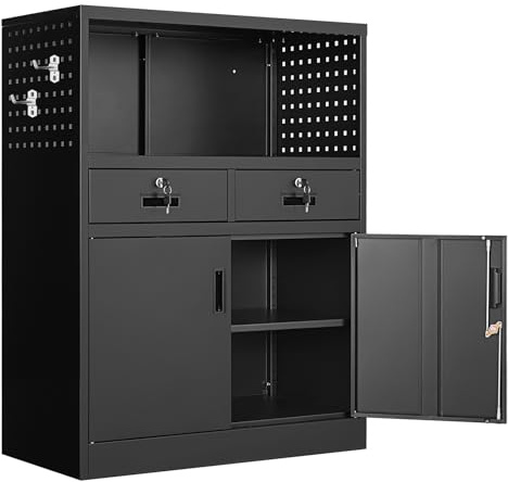 Yizosh Metal Storage Cabinet with 2 Drawers and Locking Doors,- 41.3 Steel Lockable Storage Cabinet with Shelves for Home Office,Garage,School (Black)