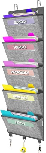 homyfort Organizer settimanale da porta, cartelle portadocumenti da appendere, organizer da parete e archiviazione per posta, riviste, quaderni, ufficio, aula, 5 tasche grandi, 5 biglietti