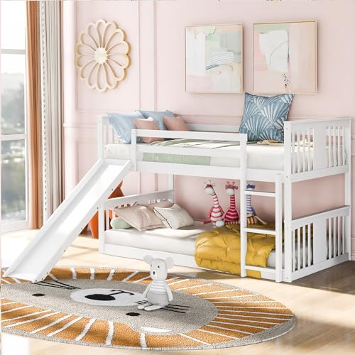 Montessori Floor Bunk Bed Twin Over Twin, Twin Bunk Bed with Slide and Ladder, Kids Bunk Beds with Guardrail Headboard and Footboard, Low Bunk Beds for Kids, Boys, Girls, Twin Bunk Bed White