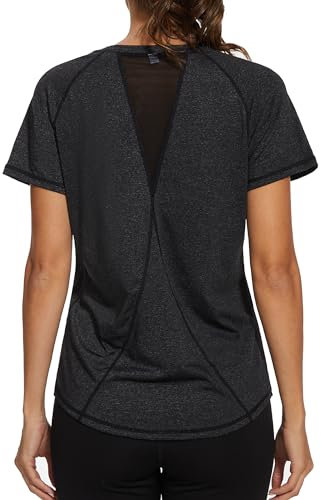Gyabnw Ladies Gym Tops Women Short Sleeve Casual Workout Yoga Running Top Crew Neck Back Mesh Fitness Athletic Tee Shirts Black