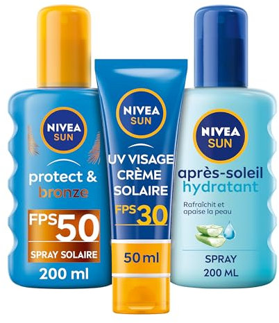 NIVEA SUN - Routine Solaire - Spray Solaire Protect & Bronze FPS 50 200 ml + Crème Solaire Visage FPS 30 30 ml + Après-Soleil 200 ml - Hydrate & Apaise - Teint Hâlé - Pro-Mélanine & Aloe Vera Bio