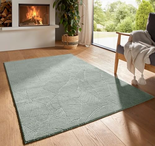 Taracarpet Kurzflor Boho Skandi Polyester Teppich in 3D Optik waschbar, pflegeleicht und robust ideal fürs Wohnzimmer, Schlafzimmer und Kinderzimmer auch als Badematte Grün Blätter 060x120 cm