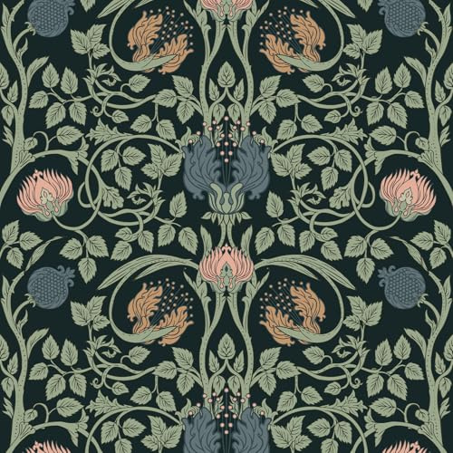 VEELIKE Carta da parati retrò floreale scura preincollata vintage nera floreale Peel and Stick carta da parati 45 x 900 cm autoadesiva William Morris carta da parati rimovibile Art Nouveau per camera