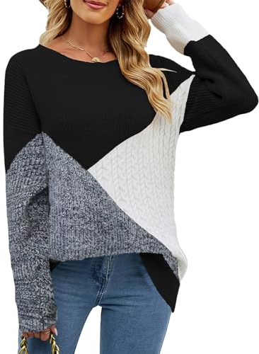 NLAND Jersey Punto Mujer Pullover Suéter Manga Larga Cálido Suéter Punto Invierno Top Invierno Cuello Redondo Casual Colores Patchwork Pullover Sweatshirt(Noir,XL)