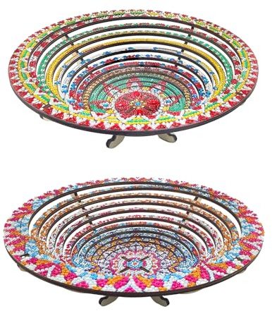 Lebartm 2 vassoi in legno fai da te per snack, pittura con diamanti, mandala, caramelle, piatto retrattile con supporto, rotondo, fatto a mano, set di piatti da portata per verdure, pane, snack,