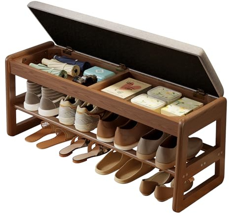 AQIMUELE Shoe Bench with Storage, Wooden 2 Tiers with Flip-Top,Walnut,39.3