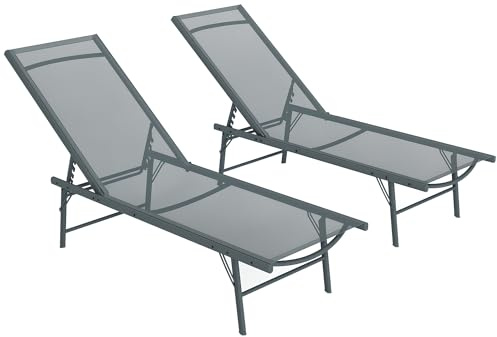 Outsunny Lot de 2 Bain de Soleil Pliants Textilène 90x65x112cm Gris Clair