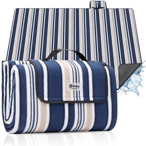 Sekey Manta Picnic Impermeable 200x300 cm, Manta Antis Arena para Playa, Fondo PEVA Impermeable, Manta Plegable Portátil, Ideal para Camping y Prado, Rayas Azul-Blanco-Beige