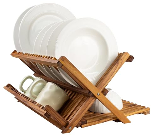 Utoplike Large Teak Dish Drying Rack, Wooden 3 Tier Collapsible Dish Draine for Countertop, Kitchen Organiser for Pasta Plates, Cups