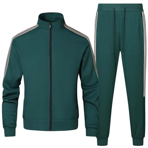 Clufar 2 pièces Survêtement pour Homme Survetement Homme Polyester Zipper Ensemble Jogging de Sport Sweatshirt de course avec fermeture éclair,M Green