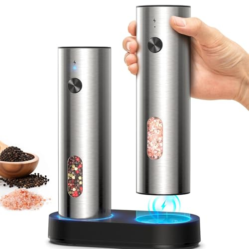 Macinapepe Elettrico, SINZONeu® Set in Acciaio Inox con Base USB-C, 5 Livelli Macinatura, Capienza XL 110ml, Luci LED, per Cucina, Regalo Moderno