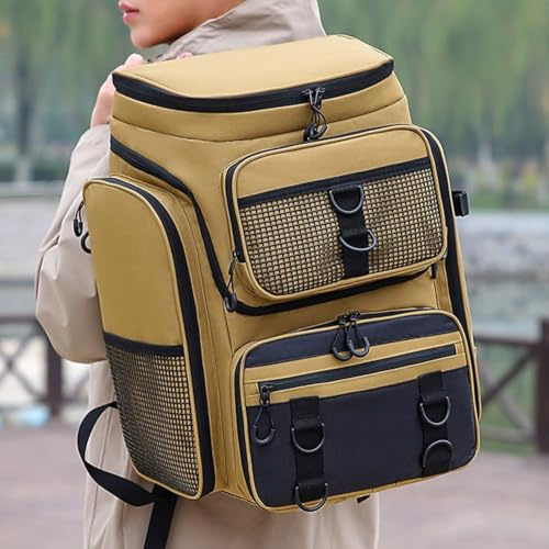 Besttoolifes Sac à dos de pêche Oxford imperméable de grande capacité avec support de canne à pêche, plusieurs compartiments pour le rangement, idéal pour le camping, la randonnée et les voyages en