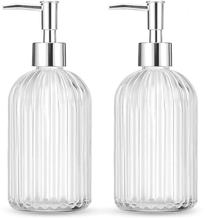 2 Pack Glass Soap Dispenser Bottle with Pump,14 Oz Clear Glass Jar Soap Liquid Hand Soap Dispenser, Refillable Liquid Hand Jar Dispenser for Bathroom, Countertop, Kitchen, Laundry Room (Transparent)