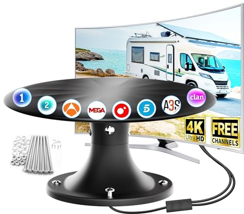 Antena TV para Autocaravana y Camper HD 4K/1080P, Antena TDT Digital con Recepción 360°, Compatible con Smart TV, HDTV y DVB-T2/DVB-T, Cable Coaxial 10 m, Ideal para Caravanas y Camiones