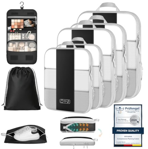 Organisateur Valise 8 Pièces – Sac de Compression Voyage en Polyester Premium, Cubes de Rangement Compressibles avec Sac de Toilette Suspendu, Sac à Chaussures et Sac à Linge, Accessoires Voyage