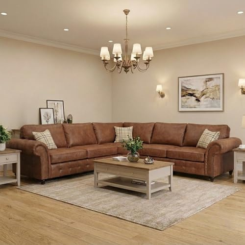 Sofa Nook Corner Sofa – Oakland Full Back Leather Couch with Strong Wooden Frame and Padded Curved Arms | Firm Support Living Room Sofa (Brown)
