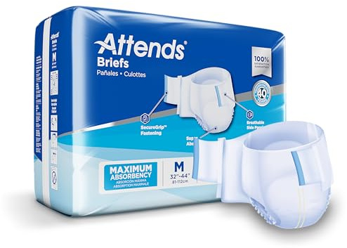 Attends Adult Incontinence Disposable Briefs, Medium, 32-44 Waist with SecureGrip Tab Closure, Maximum Absorbency with Dry-Lock Containment Core and SmartCool Breathable Materials, 96ct Case