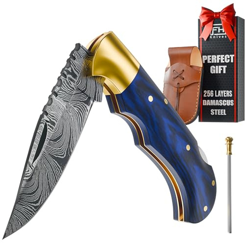 6.5 Inch Handmade Damascus Pocket Knife for Men - Damascus Steel Folding Knife with Sheath - Back Lock Pocket Knives for Men Christmas Gift for husband, boyfriend, Dad, brother