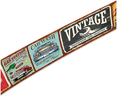 Wandtattoo Selbstklebende Retro Bordüre 2,5m x 18cm Vintage Old School Look Wanddekor Wohnzimmer Wand Küche Wandaufkleber Wandsticker W004 (Nr. 3 Cars)