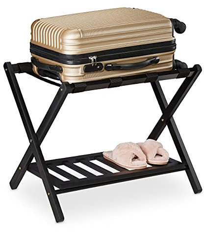 Relaxdays Kofferständer klappbar, Kofferhocker Holz, HBT: 54,5x66x44,5 cm, 2 Ablagen, Kofferaufbewahrung Hotel, schwarz 10029975_46