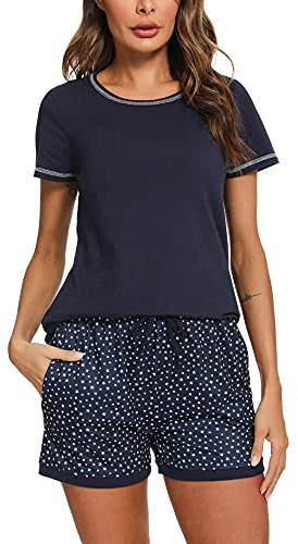 Litherday Pijama Mujer Verano Algodón Manga Corta Conjunto de Pijamas Cómodo y Transpirable con Cuello Redondo y Pantalones Cortos Ropa para Dormir con Bolsillos y Cordón, Azul Marino, L