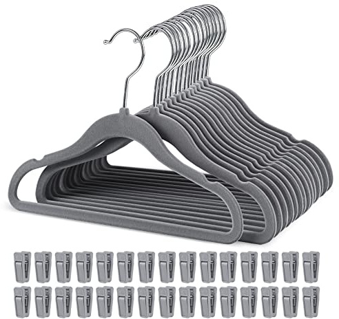 HOUISM Grucce appendiabiti in velluto grigio con 30 clip per le dita, grucce per bambini, ultra sottili, salvaspazio, antiscivolo, per cameretta dei bambini, confezione da 15