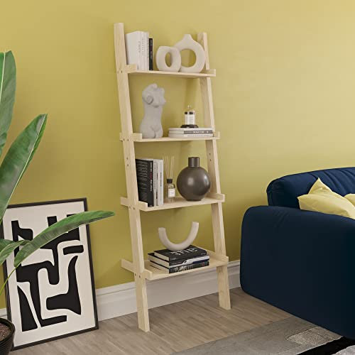 Vida Designs York 4 Tier Ladder Bookcase - Leaning Shelf Display Storage Unit with Open Shelves - Modern Bookshelf for Living Room, Bedroom or Home Office - Pine - H 154 x W 56 x D 29 cm