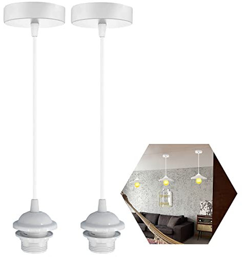 2 Pezzi Portalampada E27 in Metallo Lampade a Sospensione Accessori con Anello Filettato Removibile e Cavo Regolabile da 1M Adatto per Soggiorno, Corridoio, Sala da Pranzo, Bar-Bianco