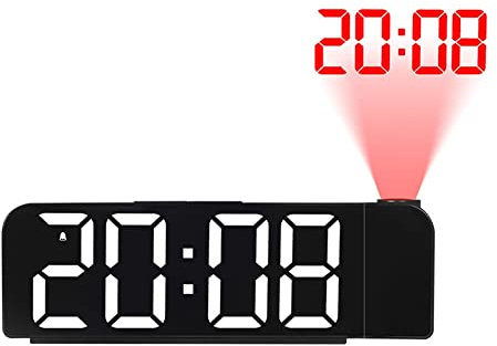 Hatem RéVeil à Projection Rotation 180° 12/24H Horloge NuméRique LED Charge USB RéVeil Projecteur de Plafond (Blanc)