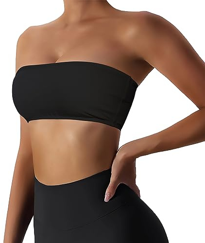 Boudaner Women’s Padded Bandeau Sports Tube Top Bra Strapless Wireless Solid Seamless Yoga Workout Bralette Black