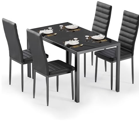 Bealife Esstisch mit 4 Stühlen Set, Esstisch und Stühle für 4 Personen, Esszimmer 6 Stühle und Tisch, Set mit Esstisch und Stühlen für Küche, Esszimmer und Wohnzimmer (Schwarz, 4stühle)