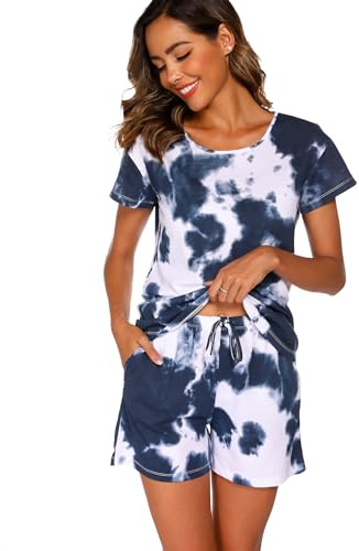 ENJOYNIGHT Women's Pyjama Sets Cotton Printed Nightwear Summer Pjs Set Navy